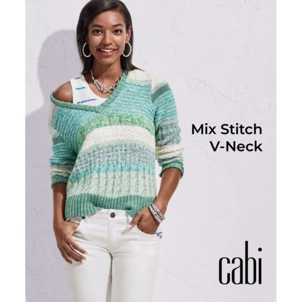 Cabi Mix Stitch V-Neck Green Blue & White Striped Sweater- Women's Size Medium